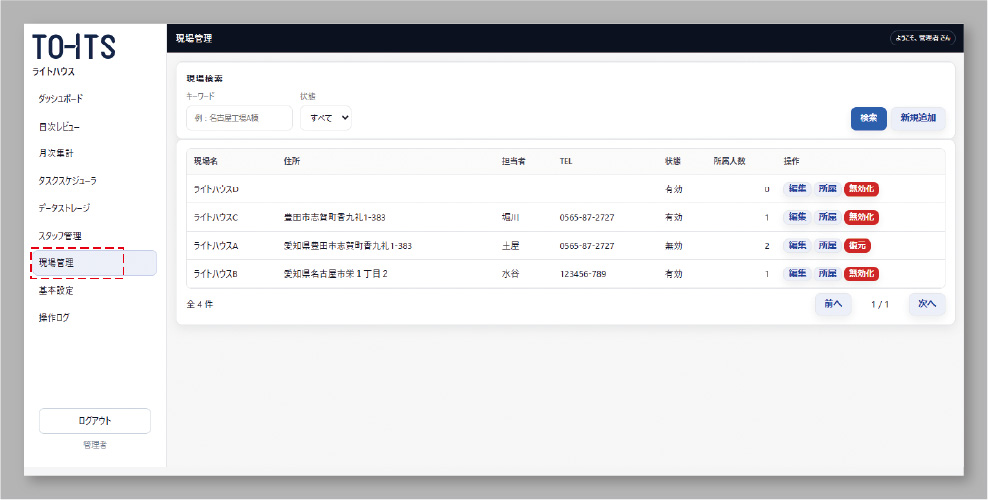 現場管理の画面
